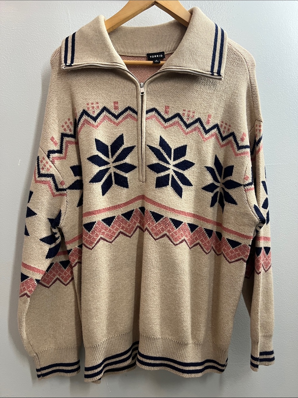 torrid Beige Fair Isle Half-Zip Sweater with Navy and Dusty Rose Accents